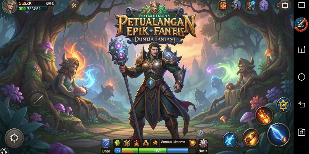 Tampilan gameplay 555ZK dengan karakter dan monster epik dalam pertempuran.