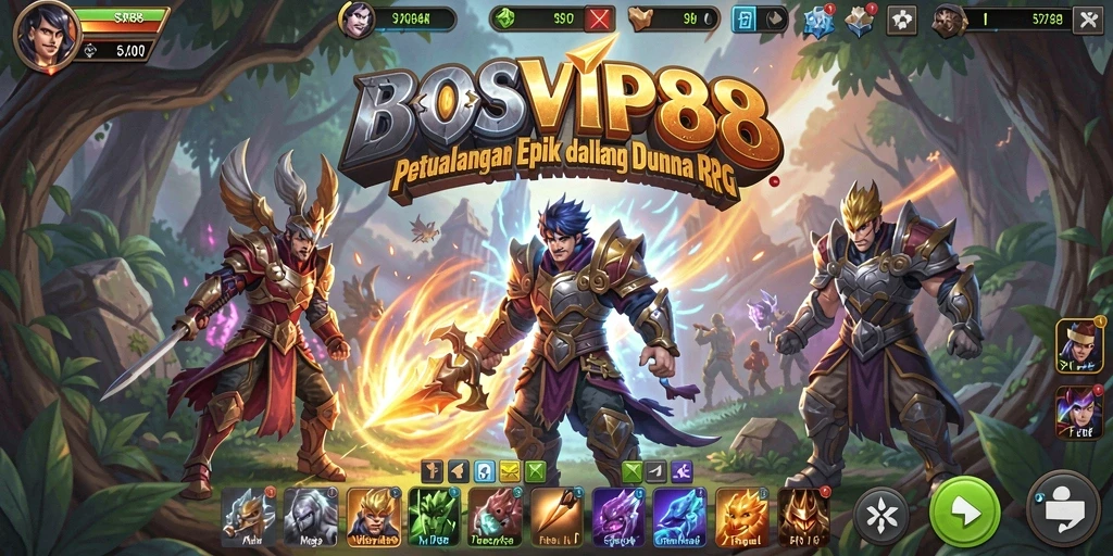 Screenshot utama BOSVIP88 menampilkan aksi petualangan RPG yang mendebarkan.