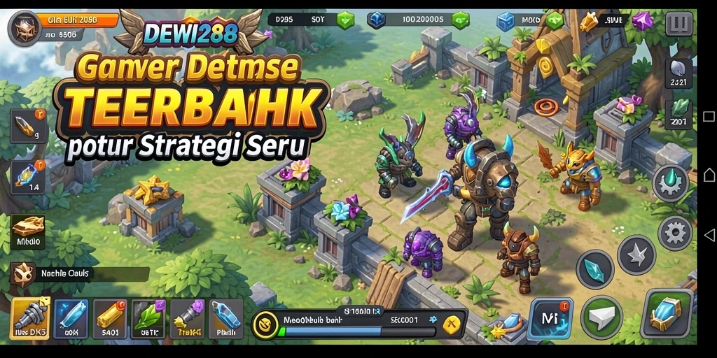 Screenshot gameplay DEWI288 menampilkan serangan menara terhadap gelombang musuh.