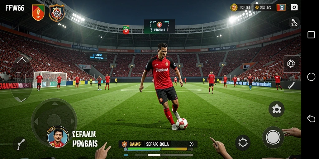 Screenshot utama FW66 menunjukkan pemain beraksi dalam pertandingan sepak bola.