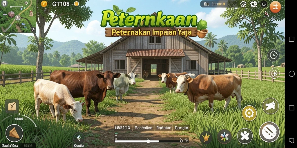 Screenshot gameplay GT108 dengan pemandangan ladang yang indah.