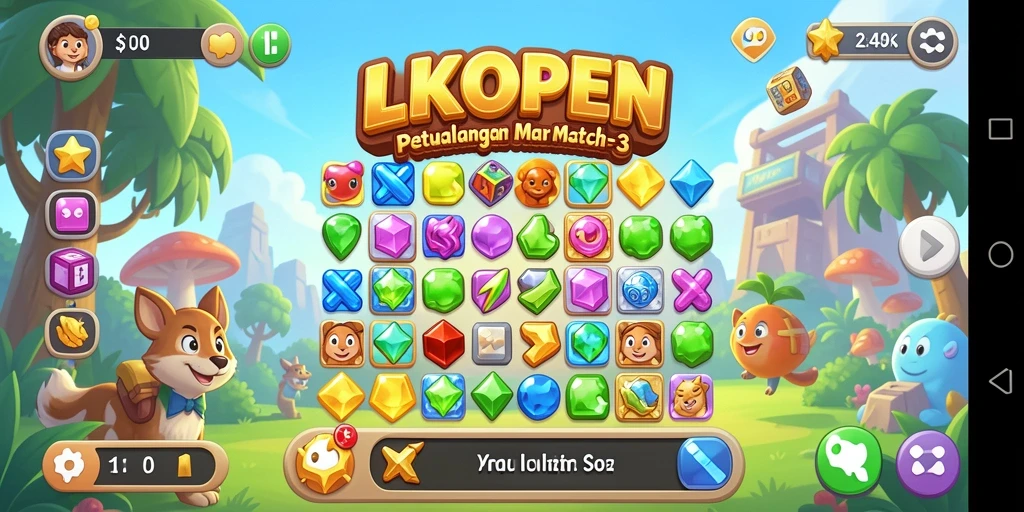 Tampilan gameplay LKOPEN yang menarik dengan berbagai kombinasi warna Match-3.