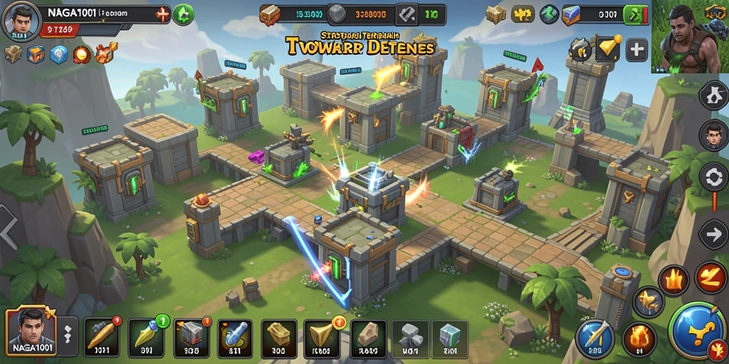 Screenshot NAGA1001 menampilkan aksi seru dalam pertahanan tower yang intens.