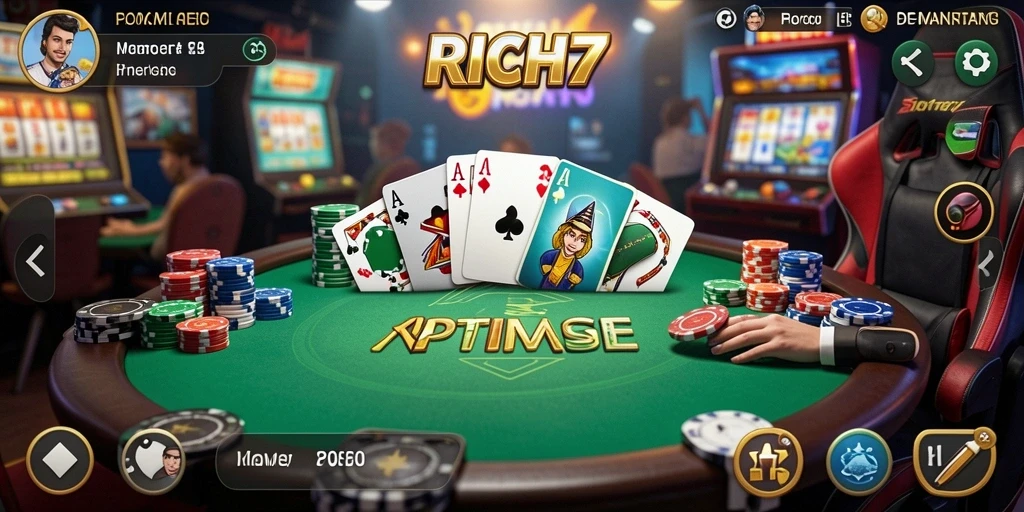Screenshot utama RICH7 menampilkan aksi Poker yang intens dan mendebarkan.