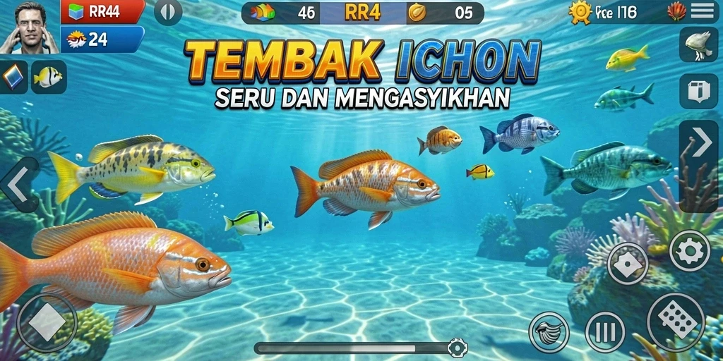 Screenshot gameplay RR44 yang menunjukkan aksi menembak ikan.